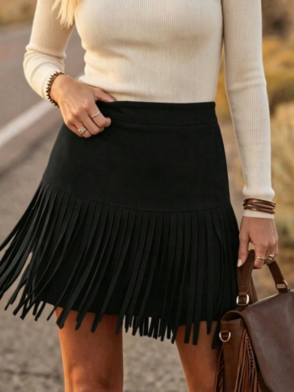 Black Casual Women's Western Style Fringe Skirt
